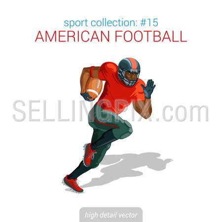 Sportsmen vector collection. American football black player sprint ball. Sportsman high detail illustration.