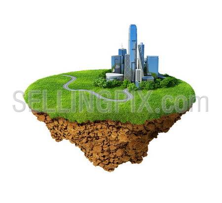 Lawn with skyscrapers on the little fine island / planet. A piece of land in the air. Road in the grass. Detailed ground in the base. Concept of success in business, idyllic lifestyle.