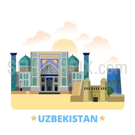 Uzbekistan country badge fridge magnet whimsical design template. Flat cartoon style historic sight showplace web site vector illustration. World vacation travel sightseeing Asia Asian collection.