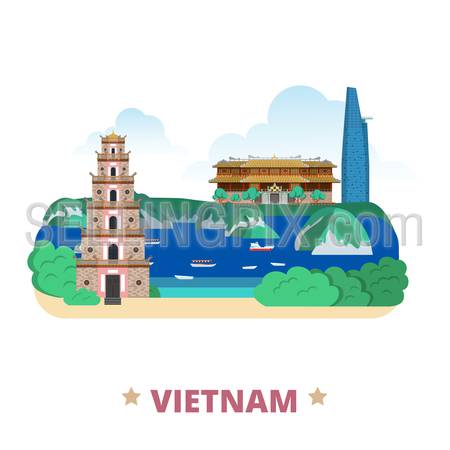 Vietnam country badge fridge magnet whimsical design template. Flat cartoon style historic sight showplace web site vector illustration. World vacation travel sightseeing Asia Asian collection.