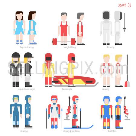Flat style sportsmen people vector icon set. Female figure skater, weightlifter, fencer, equestrian, bobsled, rower, skater, skier and bobsley. Flat sportsman peolpe collection.