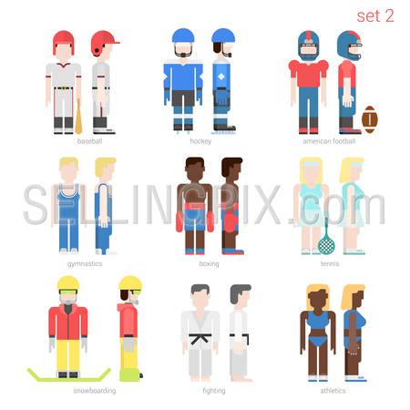 Flat style sportsmen people vector icon set. Baseball batter, hockey, football, tennis player, boxer, skateboarder, karate fighter, athlete. Flat sportsman people collection.