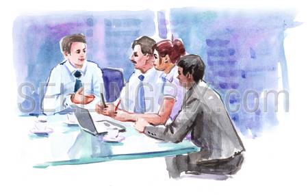 Watercolor drawing paining business people meeting office conference room.  High resolution watercolors draw collection.