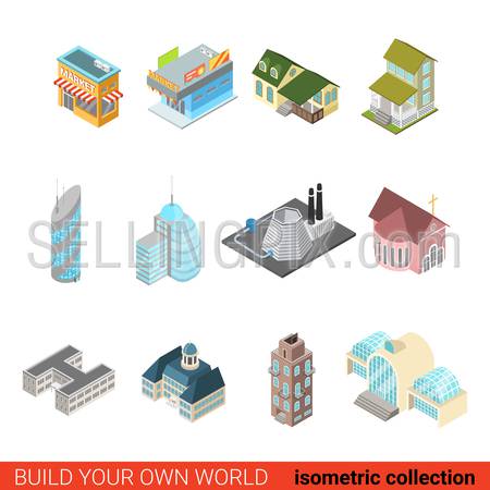 Set city building block business office center skyscraper power station church mini market concept. Flat 3d isometric isometry style vector illustration. Build your own infographics world collection.