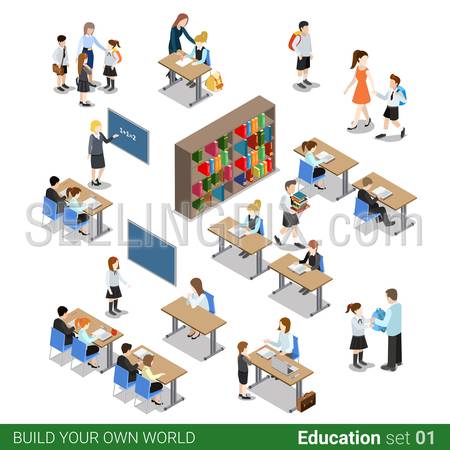 Isometric flat 3d school building block. Pupil children student teacher people desk library class icon set. Build your own infographics world collection. Isolated creative design vector illustration.