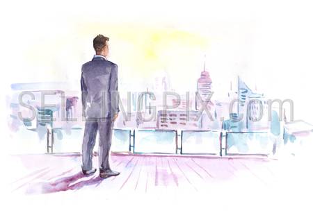 Watercolor paining businessman on the roof looking at the city. High resolution watercolors collection.