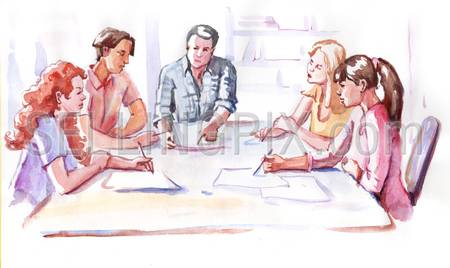 Watercolor paining business people casual clothing meeting office conference room brainstorming. High resolution watercolors collection.