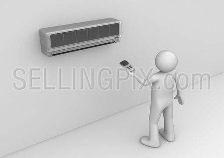 Air-conditioner user. Man holding cooler remote control. Electronics collection.