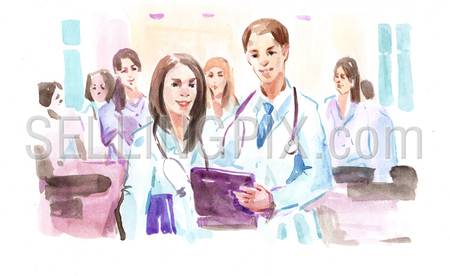 Watercolor paining portrait of female and male doctors in hospital.  High resolution watercolors collection.