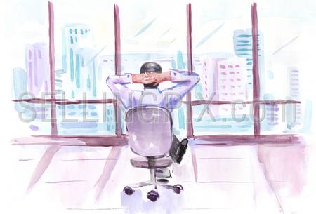 Watercolor paining business man looking at the city. High resolution watercolors collection.