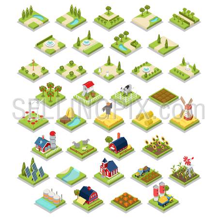 Flat 3d isometric isometry vector set countryside infographics farm building object tool equipment. Country side barn warehouse storage shop tractor windmill cow garden field grow harvest stack hay.