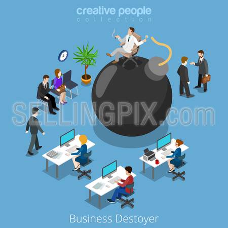 Isometric business destroyer destroy businessman flat 3d isometry vector illustration concept. Office people plankton boss on bomb manager negotiation waiting meeting. Creative people collection.