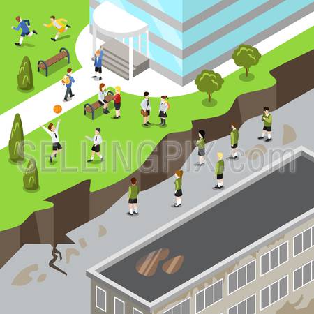 Isometric happy prosperous vs dysfunctional unhappy dirty school flat 3d vector illustration. Good or bad student pupil children concept. Creative people collection.