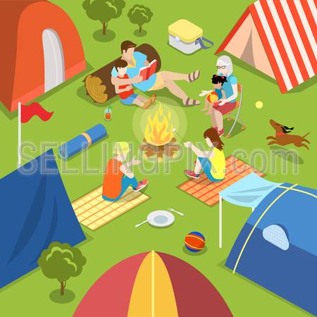 Isometric outdoor camping bonfire picnic family lifestyle time spending concept. Flat 3d isometry parents children tent fire place dog daughter son father mother. Creative people collection.