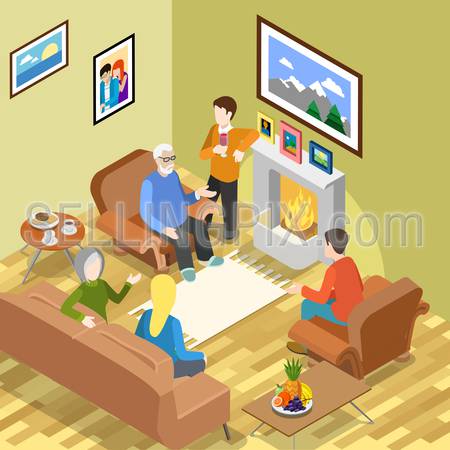 Isometric family home pastime fireplace coffee time spending relax vector concept. Flat 3d isometry parents children daughter son father mother. Creative people collection.