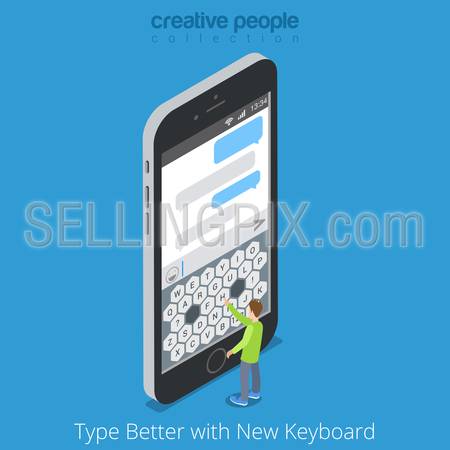 Isometric Custom Virtual Keyboard. Better Touch Screen Mobile Phone Tablet Typing concept. Flat 3d isometry big smartphone and micro man type message chat. Creative people collection.
