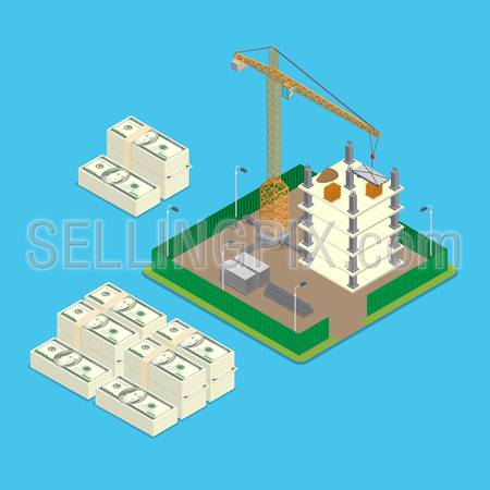 Isometric construction site land price value investment business infographics template concept. Big money stacks around paled building place crane. Flat 3d isometry web conceptual vector illustration.