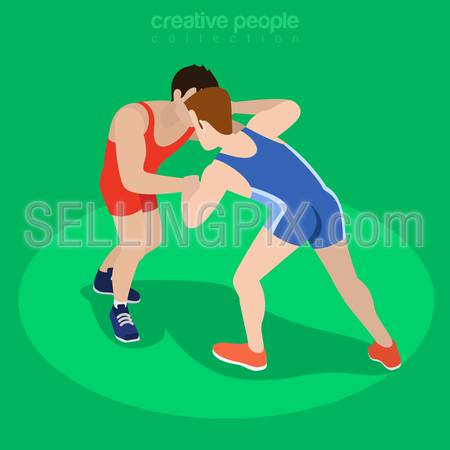 Isometric freestyle wrestling fight sports concept. Flat 3d isometry web site conceptual vector illustration. Creative people collection.