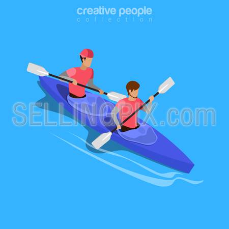 Isometric kayakers rafting sports concept. Flat 3d isometry web site conceptual vector illustration. Creative people collection.