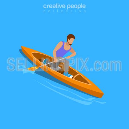 Life challenge concept. Isometric kayaker rafting raft sports. Flat 3d isometry web site conceptual vector illustration. Creative people collection.