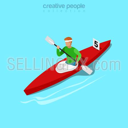 Isometric kayaker rowing sports concept. Flat 3d isometry web site conceptual vector illustration. Creative people collection.