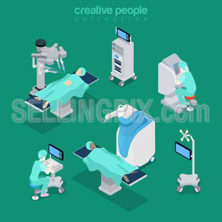 Isometric robotic robot-assisted surgery medical hospital modern equipment doctor operator. Innovative medicine concept. Flat 3d isometry style web site vector illustration. Creative people collection