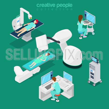 Isometric medical hospital computer diagnostic electronic modern equipment doctor operator. Innovative medicine concept. Flat 3d isometry style web site vector illustration. Creative people collection