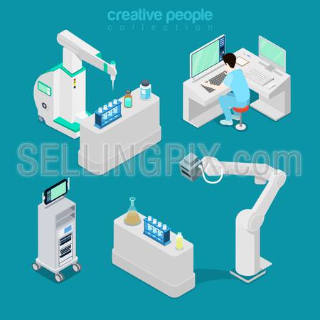 Isometric medical hospital laboratory test diagnostic computer electronic modern equipment doctor lab operator. Flat 3d isometry style web site vector illustration. Creative people collection