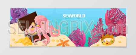Sea world underwater life nature natural beauty template. Time to travel vacation agency web site flyer brochure vector illustration. Octopus under water seaweed color crown background.