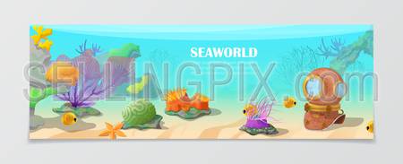 Sea world underwater life nature natural beauty template. Time to travel vacation agency web site flyer brochure vector illustration. Fish antic wetsuit under water seaweed color crown background.