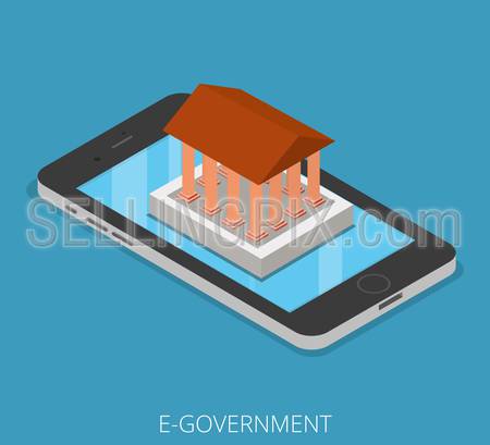 Isometric E-government Tablet Phone Mobile business concept. Flat 3d isometry web site conceptual vector illustration. Creative people collection. Ancient building with columns stands on smartphone.