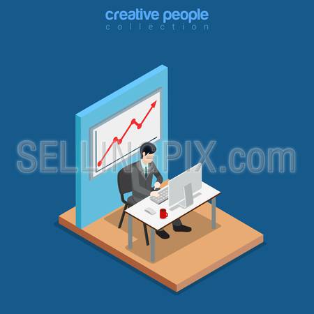 Isometric business concept flat 3d isometry web site conceptual vector illustration. Creative people collection. Office businessman work table monitor chair graphic rising board wall computer success