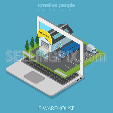 Isometric E-warehouse store business concept. Flat 3d isometry web site conceptual vector illustration. Creative people collection. Stock laptop screen cars nature parking building truck van delivery.