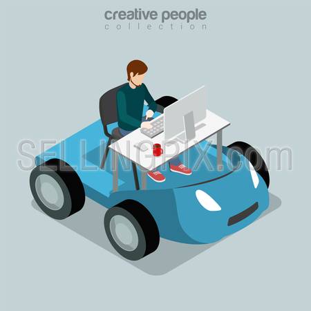 Isometric Mobile Office work business concept. Flat 3d isometry web site conceptual vector illustration. Creative people collection. Businessman working table car monitor chair computer freelancer.