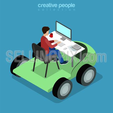 Isometric Mobile Office work business concept. Flat 3d isometry web site conceptual vector illustration. Creative people collection. Businessman working front view table car monitor chair freelancer.