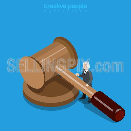 Isometric justice business concept. Micro man judge in periwig with huge hammer. Flat 3d isometry web site conceptual vector illustration. Creative people collection.