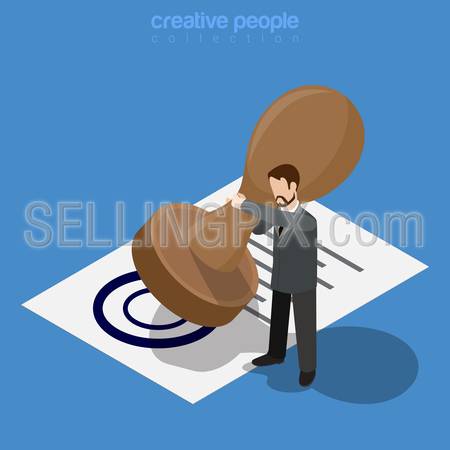 Isometric business concept. Micro office worker man make approve by huge stamp printed document. Flat 3d isometry web site conceptual vector illustration. Creative people collection.