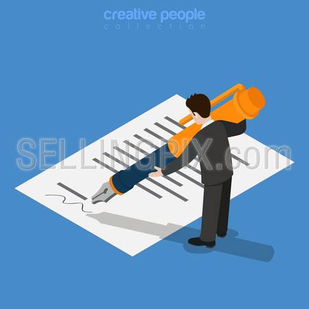 Isometric business concept. Micro office worker man sign approve by printed document huge ink pen. Flat 3d isometry web site conceptual vector illustration. Creative people collection.