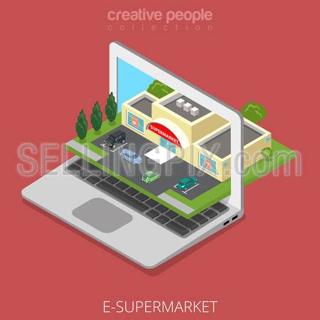 Isometric E-supermarket shop business concept. Flat 3d isometry web site conceptual vector illustration. Creative people collection. Shopping on-line market laptop screen cars nature parking building.