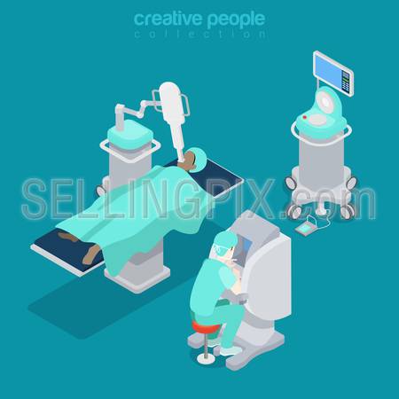 Isometric medical hospital diagnostic computer electronic modern equipment doctor operator. Innovative medicine concept. Flat 3d isometry style web site vector illustration. Creative people collection