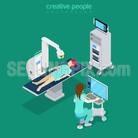 Isometric medical hospital computer diagnostic test patient woman modern equipment doctor operator. Flat 3d isometry style web site vector illustration. Creative people collection