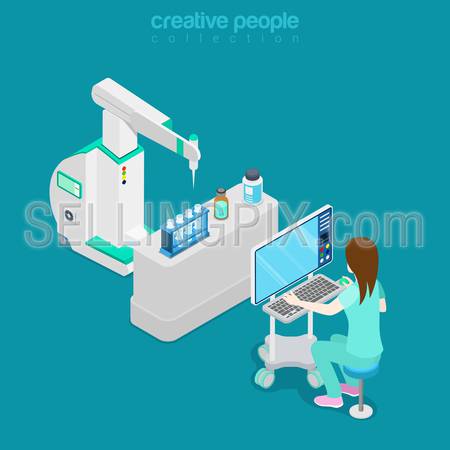 Isometric medical hospital computer electronic modern laboratory lab equipment assistant doctor operator. Flat 3d isometry style web site vector illustration. Creative people collection.