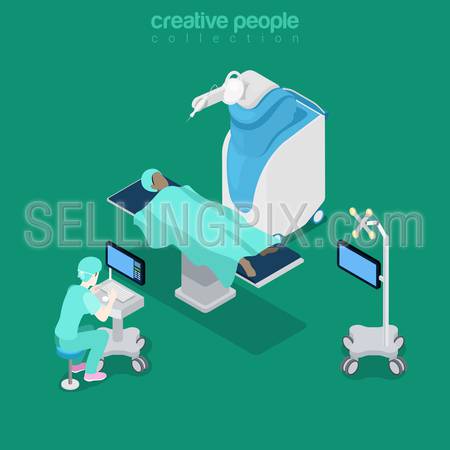 Robotic robot-assisted brain surgery medical hospital healthcare computer electronic modern equipment doctor operator. Flat 3d isometry style web site vector illustration. Creative people collection.