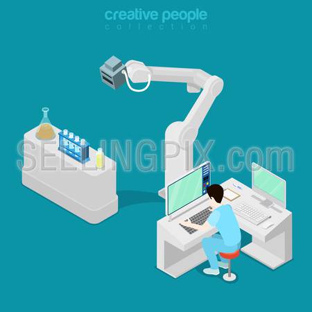 Isometric medical hospital computer electronic modern laboratory lab equipment man assistant doctor operator. Flat 3d isometry style web site vector illustration. Creative people collection.