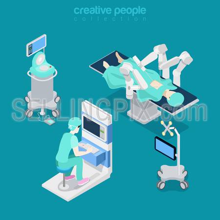 Robotic robot-assisted surgery patient medical hospital computer electronic modern equipment doctor operator. Flat 3d isometry style web site vector illustration. Creative people collection.