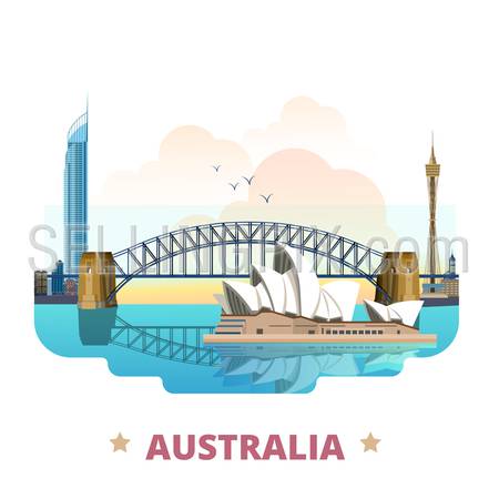 Australia country badge fridge magnet design template. Flat cartoon style historic sight showplace web site vector illustration. World vacation travel sightseeing Australian Oceania collection.
