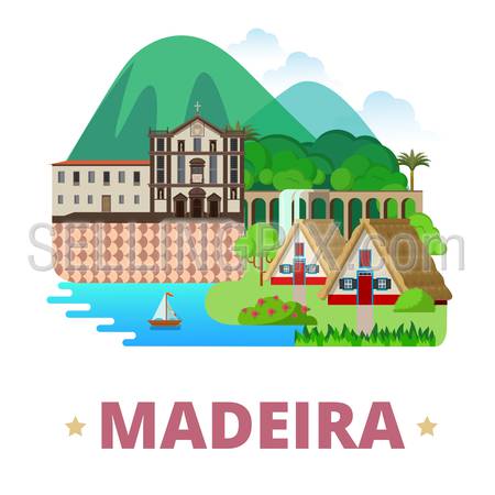 Madeira Island Portugal country badge whimsical design template. Flat cartoon style historic sight showplace web site vector illustration. World vacation travel sightseeing Africa African collection.