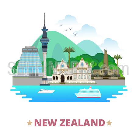 New Zealand country badge fridge magnet design template. Flat cartoon style historic sight showplace web site vector illustration. World vacation travel sightseeing Australia Oceania collection.