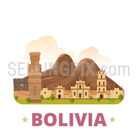 Bolivia country badge fridge magnet design template. Flat cartoon style historic sight showplace web site vector illustration. World vacation travel sightseeing South America collection.
