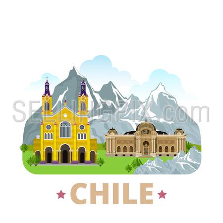 Chile country badge fridge magnet design template. Flat cartoon style historic sight showplace web site vector illustration. World vacation travel sightseeing South America collection.